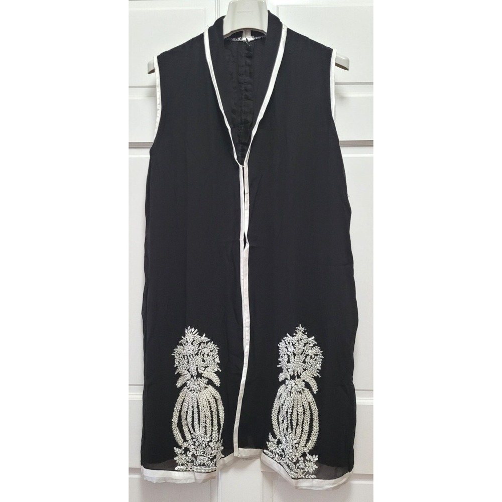 Women's Pakistani Indian Silk & Chiffon 3pc‎ Kurta Set: Top, Pants, Cardigan - L